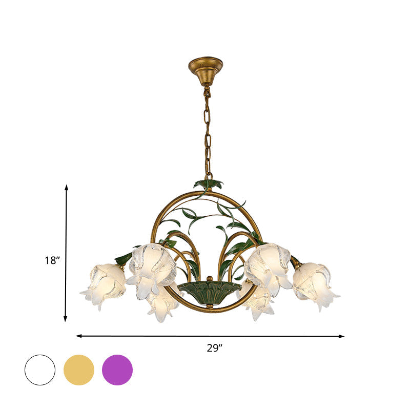 Traditional Floral Ceiling Chandelier - White/Yellow/Purple Glass - 6 Hanging Light Heads
