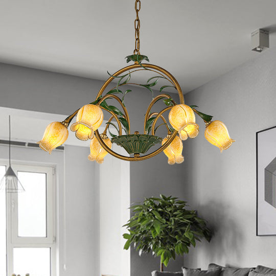 Traditional Floral Ceiling Chandelier - White/Yellow/Purple Glass - 6 Hanging Light Heads