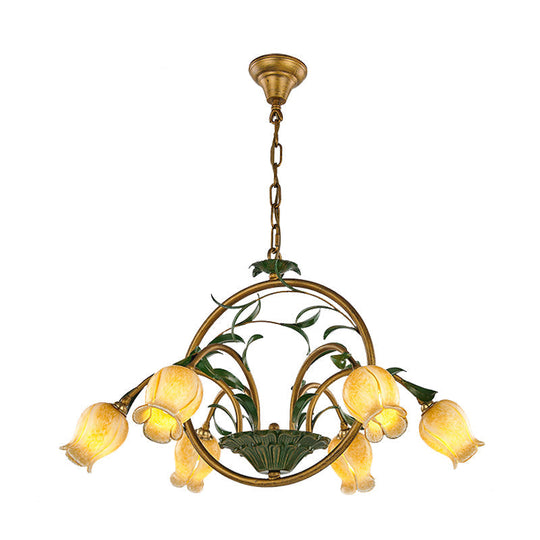 Traditional Floral Ceiling Chandelier - White/Yellow/Purple Glass - 6 Hanging Light Heads
