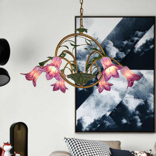 Traditional Floral Ceiling Chandelier - White/Yellow/Purple Glass - 6 Hanging Light Heads