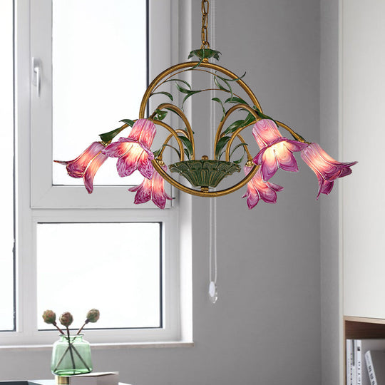 Traditional Floral Ceiling Chandelier - White/Yellow/Purple Glass - 6 Hanging Light Heads