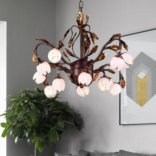 Country Style Purple Glass Blossom Chandelier - 12 Heads Pendant Light Fixture, Brown - Ideal for Dining Room