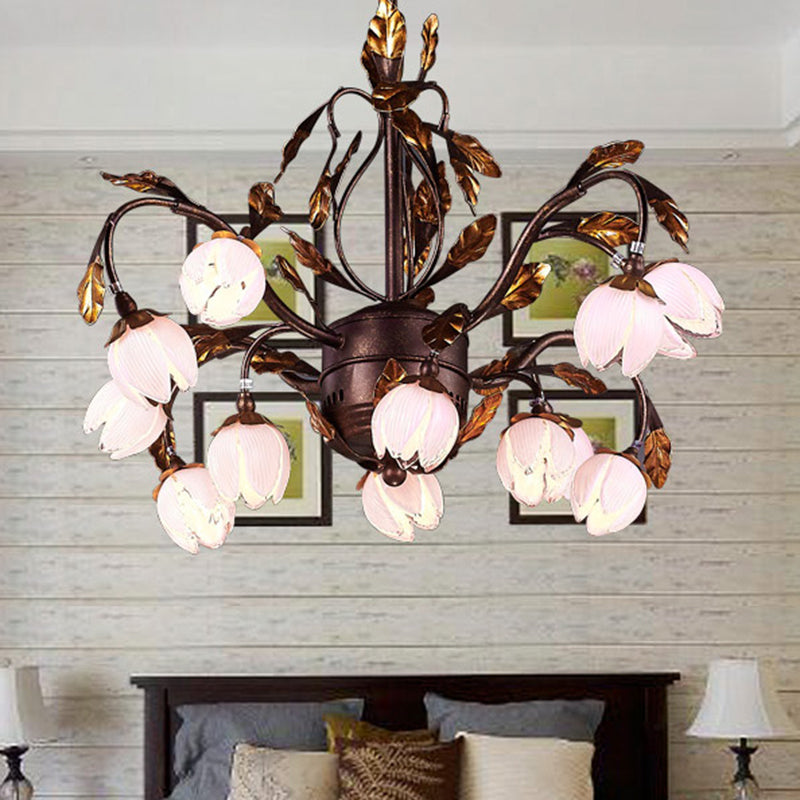 Country Style Purple Glass Blossom Chandelier - 12 Heads Pendant Light Fixture, Brown - Ideal for Dining Room