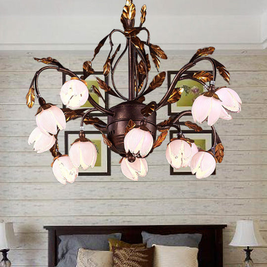 Country Style Purple Glass Blossom Chandelier - 12 Heads Pendant Light Fixture, Brown - Ideal for Dining Room