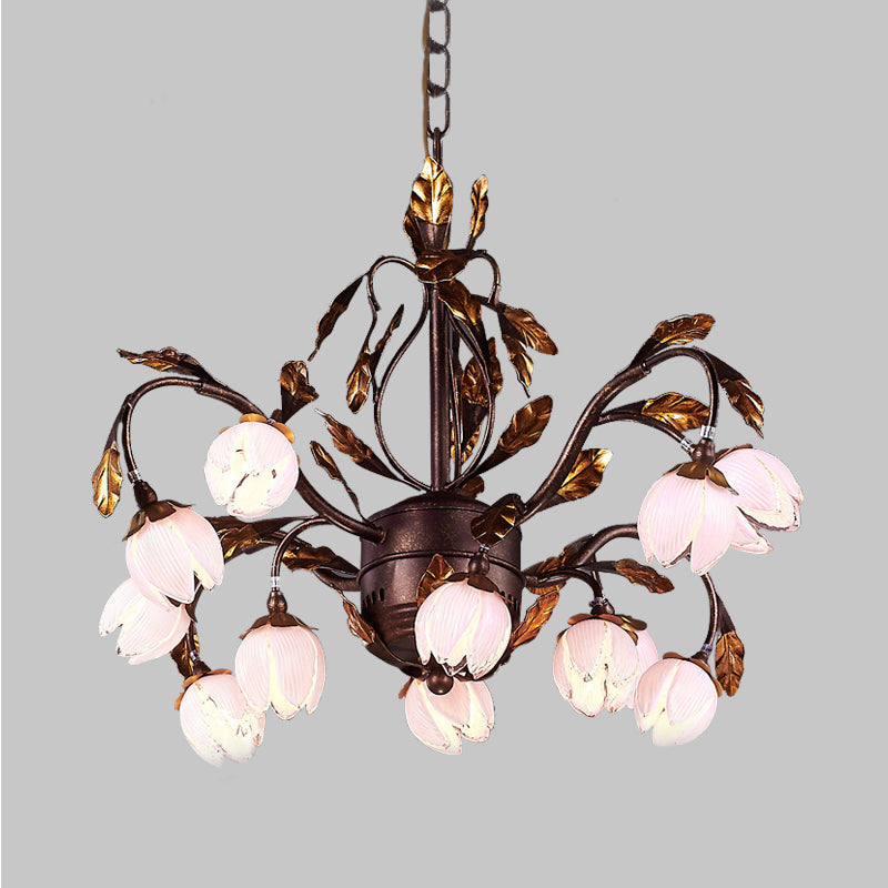 Country Style Purple Glass Blossom Chandelier - 12 Heads Pendant Light Fixture, Brown - Ideal for Dining Room