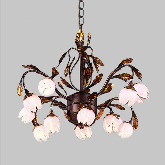 Country Style Purple Glass Blossom Chandelier - 12 Heads Pendant Light Fixture, Brown - Ideal for Dining Room
