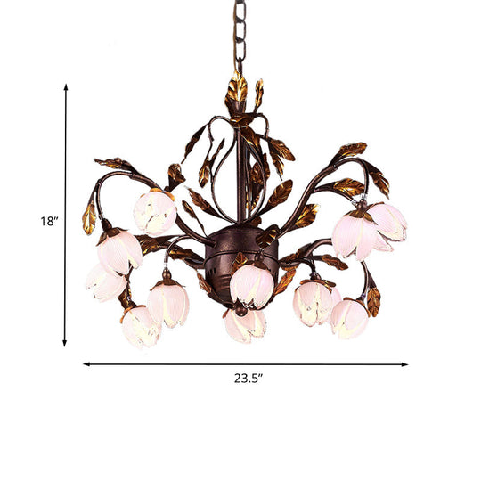 Country Style Purple Glass Blossom Chandelier - 12 Heads Pendant Light Fixture, Brown - Ideal for Dining Room