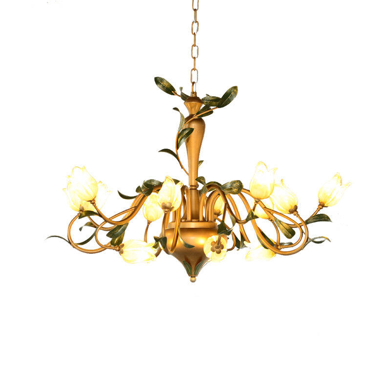 Frosted Glass Brass Chandelier - Floral 15-Light Pendant for Bedroom