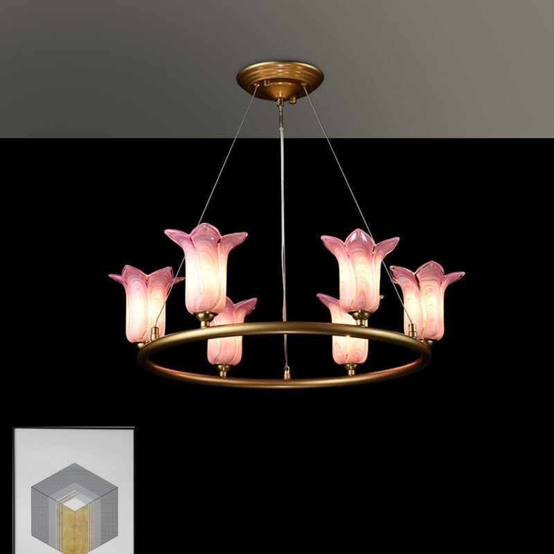 Flared Pendant Lamp - Traditional Purple Glass LED Chandelier for Living Room - 6 Bulbs