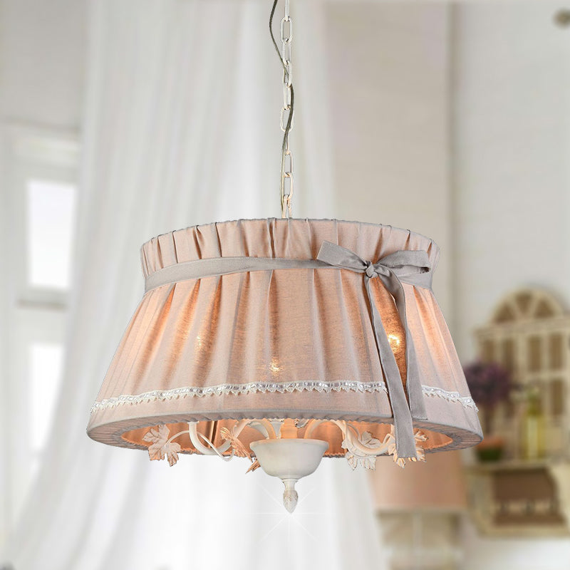 Traditional Fabric Drum Pendant Chandelier - Beige Hanging Light Fixture for Dining Room (4 Lights)
