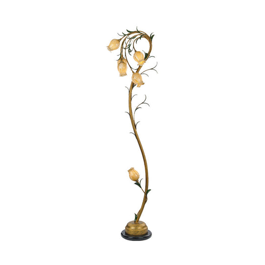 Beige Glass Tree Floor Lamp: Rural Floral Bedroom Standing Light in Brass - 6 Lights
