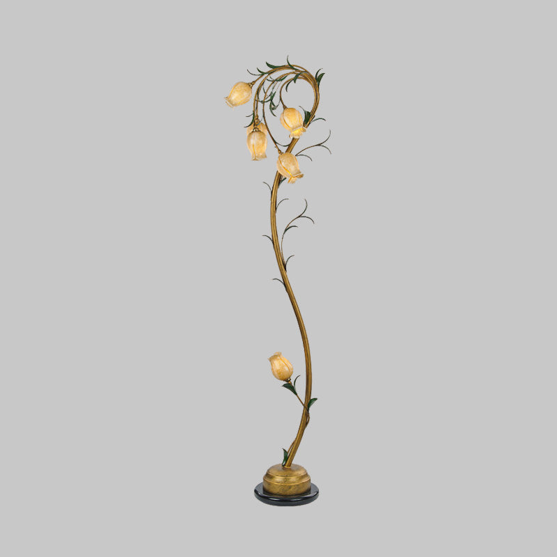 Beige Glass Tree Floor Lamp: Rural Floral Bedroom Standing Light in Brass - 6 Lights