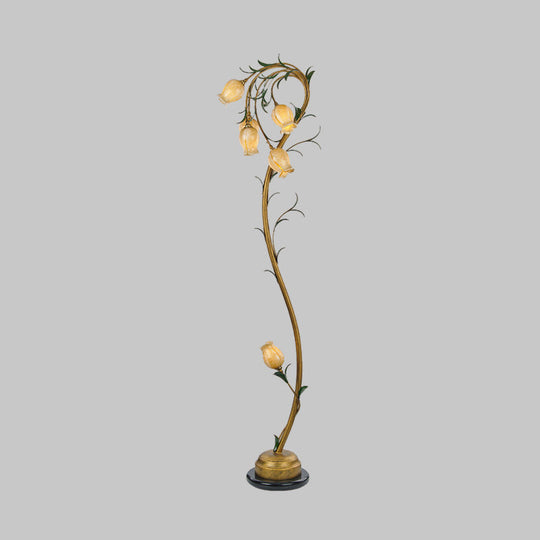 Beige Glass Tree Floor Lamp: Rural Floral Bedroom Standing Light in Brass - 6 Lights