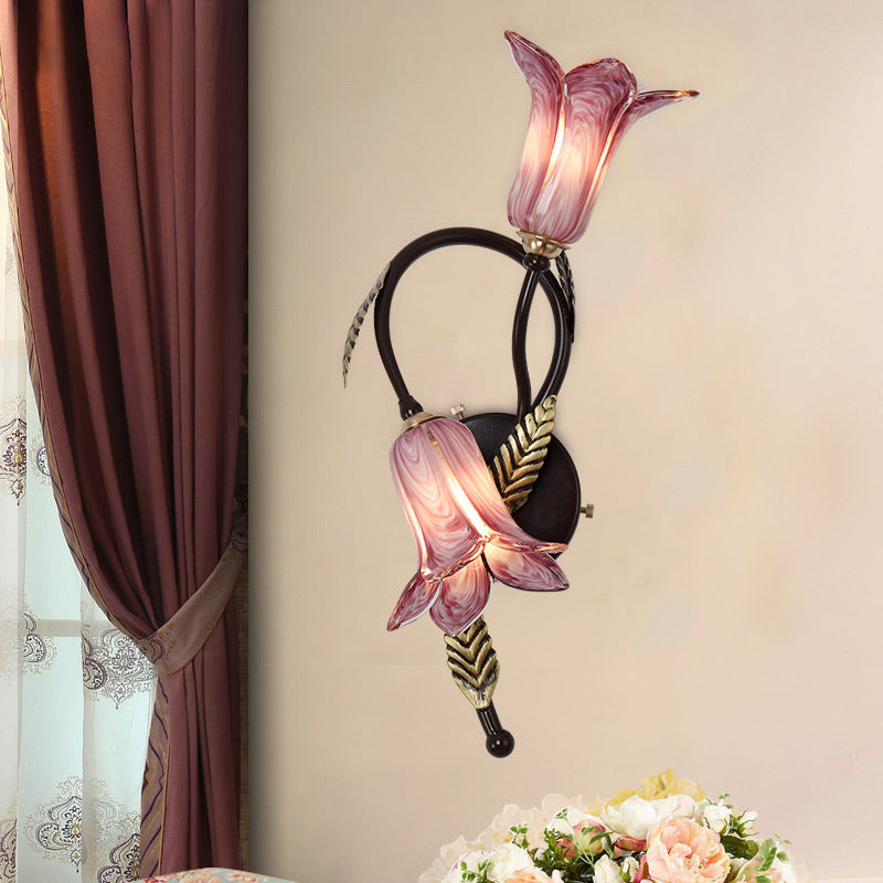 Swooping Arm White/Purple Glass Wall Lamp - Countryside 2-Light Bedroom Sconce in Black/Gold