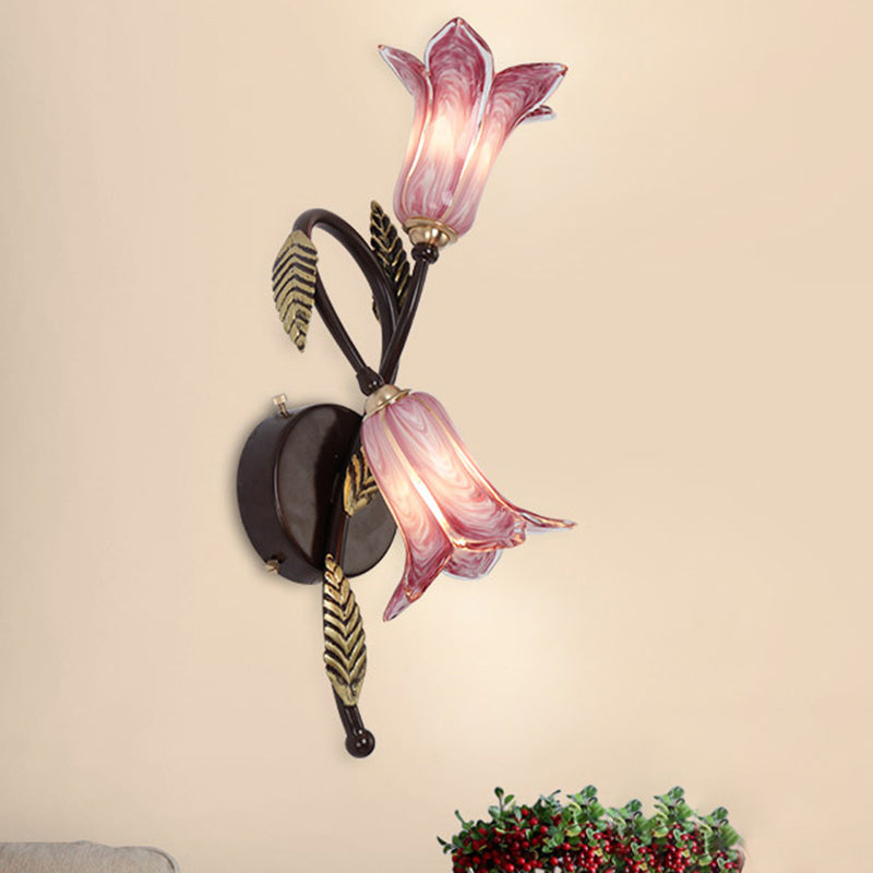 Swooping Arm White/Purple Glass Wall Lamp - Countryside 2-Light Bedroom Sconce in Black/Gold