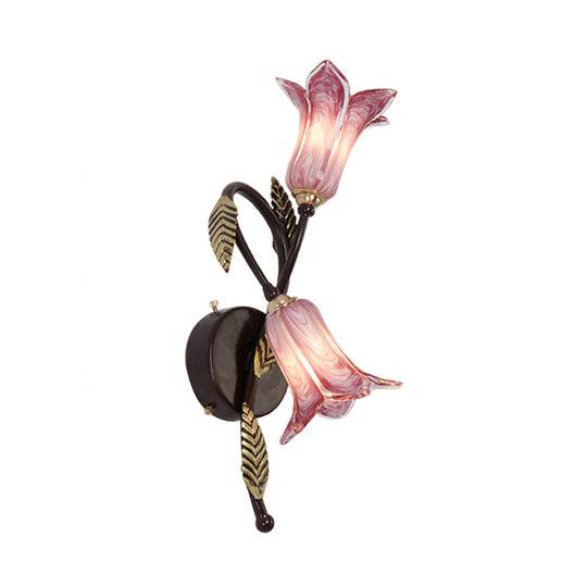 Swooping Arm White/Purple Glass Wall Lamp - Countryside 2-Light Bedroom Sconce in Black/Gold