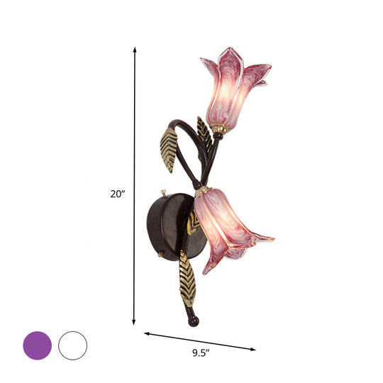 Swooping Arm White/Purple Glass Wall Lamp - Countryside 2-Light Bedroom Sconce in Black/Gold