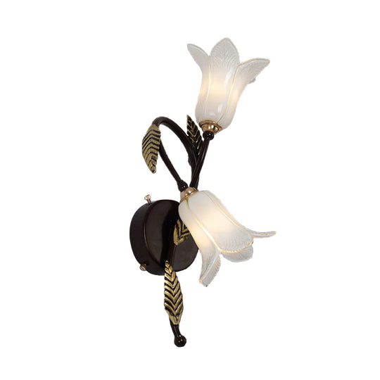 Swooping Arm White/Purple Glass Wall Lamp - Countryside 2-Light Bedroom Sconce in Black/Gold