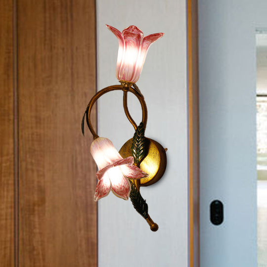 Swooping Arm White/Purple Glass Wall Lamp - Countryside 2-Light Bedroom Sconce in Black/Gold