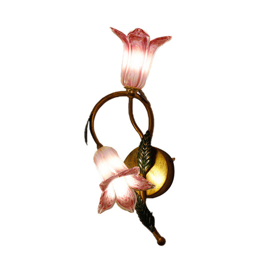 Swooping Arm White/Purple Glass Wall Lamp - Countryside 2-Light Bedroom Sconce in Black/Gold