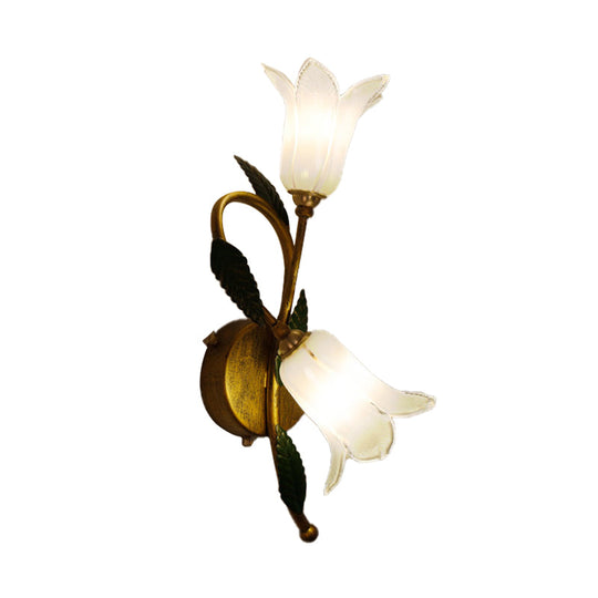 Swooping Arm White/Purple Glass Wall Lamp - Countryside 2-Light Bedroom Sconce in Black/Gold