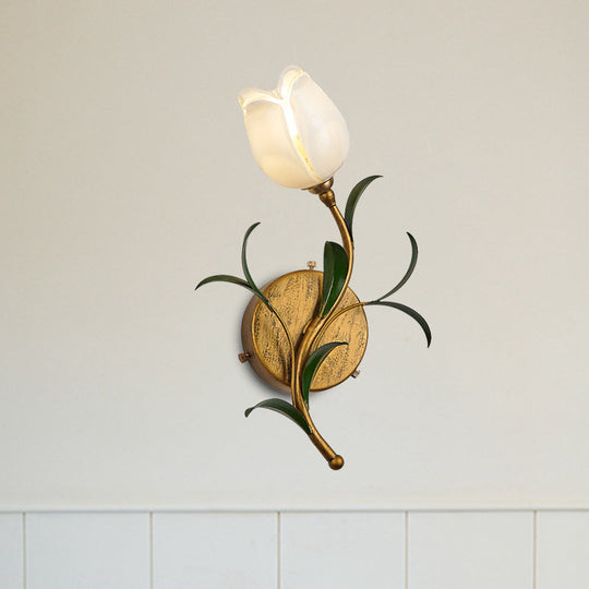Rustic Floral Wall Sconce Light: Brass 1-Head Lamp with White/Yellow Glass – Perfect for Living Room