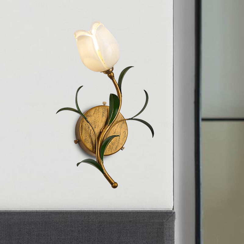 Rustic Floral Wall Sconce Light: Brass 1-Head Lamp with White/Yellow Glass – Perfect for Living Room