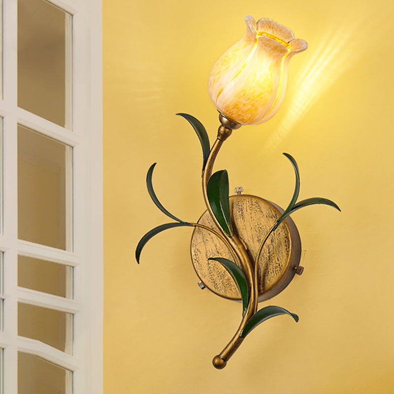 Rustic Floral Wall Sconce Light: Brass 1-Head Lamp with White/Yellow Glass – Perfect for Living Room