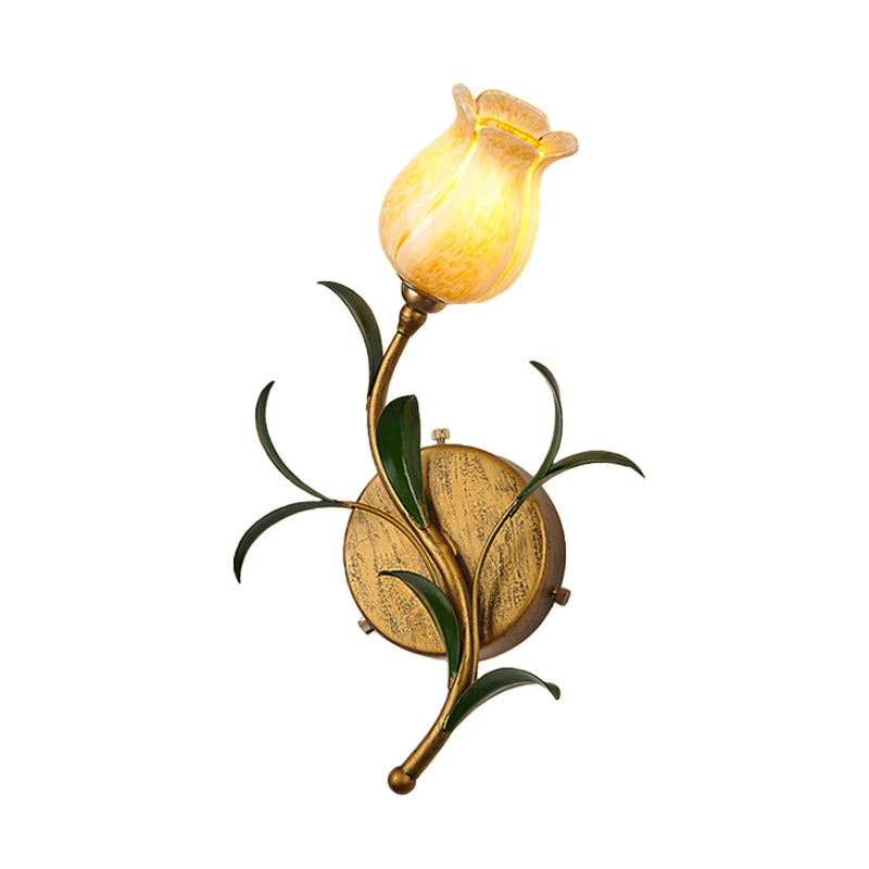 Rustic Floral Wall Sconce Light: Brass 1-Head Lamp with White/Yellow Glass – Perfect for Living Room