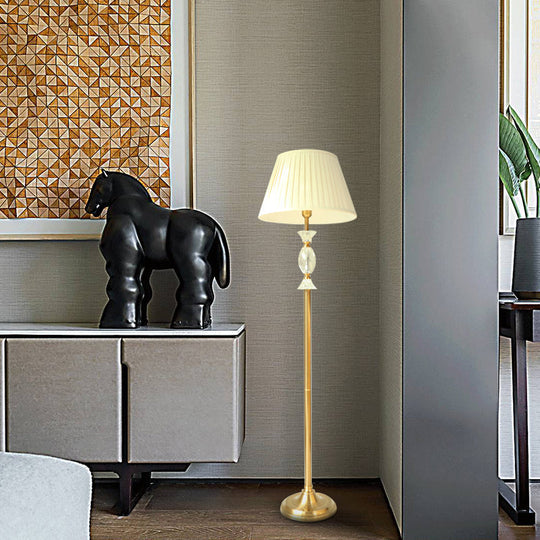 Traditional Tapered Fabric Standing Lamp: White Floor Light with Crystal Accent - Perfect for Living Room