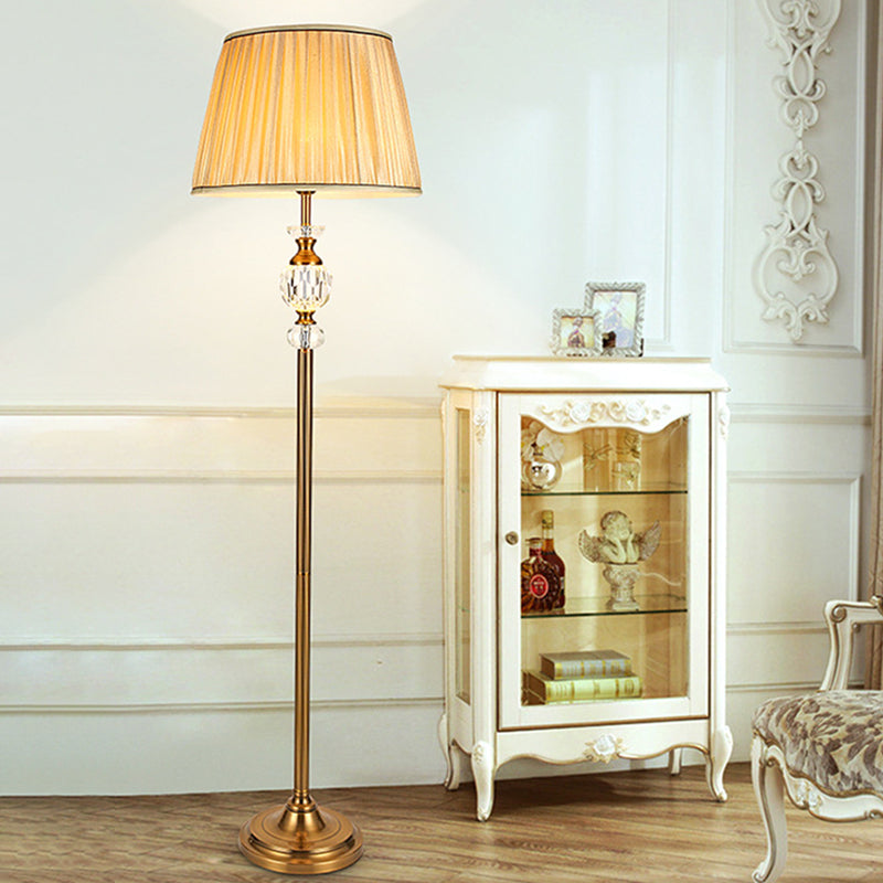 Lodge Tapered Standing Lamp: Beige Fabric Floor Light with Crystal Accent - Ideal for Living Room