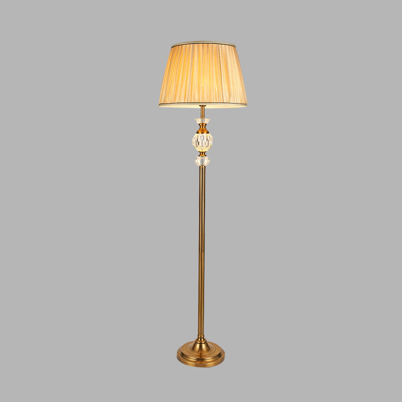 Lodge Tapered Standing Lamp: Beige Fabric Floor Light with Crystal Accent - Ideal for Living Room
