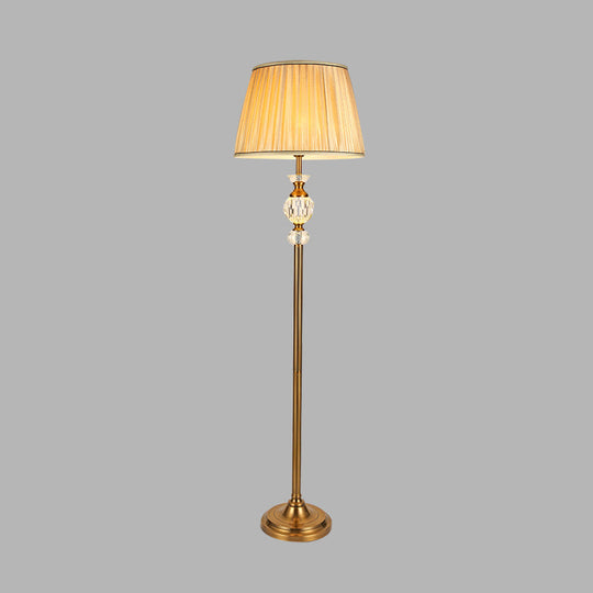 Lodge Tapered Standing Lamp: Beige Fabric Floor Light with Crystal Accent - Ideal for Living Room