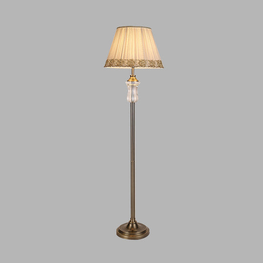 Fabric Floor Lamp with Beige Pleated Shade and Crystal Standing Light – Traditional Style with Elegant Trim