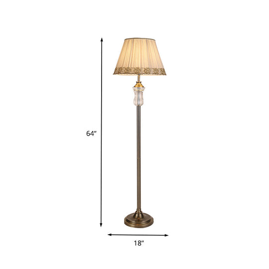 Fabric Floor Lamp with Beige Pleated Shade and Crystal Standing Light – Traditional Style with Elegant Trim
