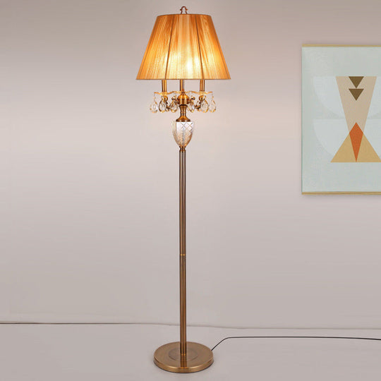 Beige Traditional Fabric Standing Floor Lamp with 3 Lights, Tapered Shade, and Dangling Crystal