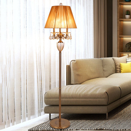 Beige Traditional Fabric Standing Floor Lamp with 3 Lights, Tapered Shade, and Dangling Crystal