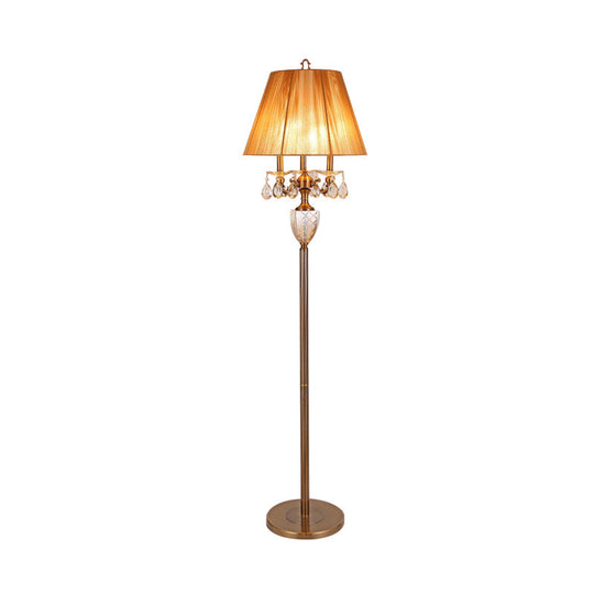 Beige Traditional Fabric Standing Floor Lamp with 3 Lights, Tapered Shade, and Dangling Crystal