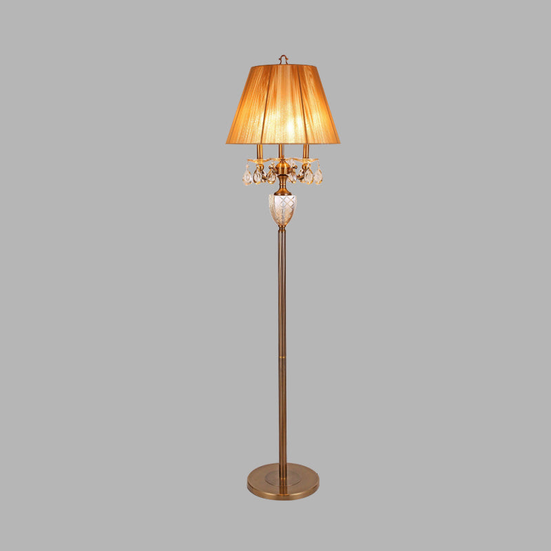 Beige Traditional Fabric Standing Floor Lamp with 3 Lights, Tapered Shade, and Dangling Crystal