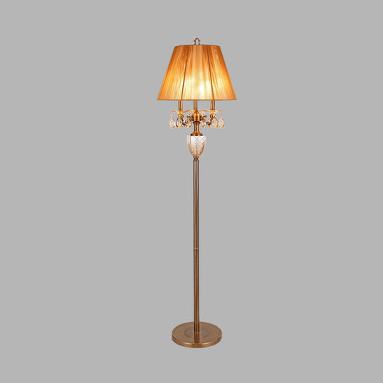 Beige Traditional Fabric Standing Floor Lamp with 3 Lights, Tapered Shade, and Dangling Crystal