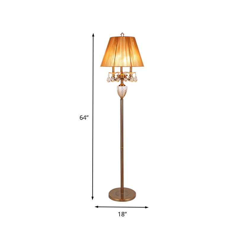 Beige Traditional Fabric Standing Floor Lamp with 3 Lights, Tapered Shade, and Dangling Crystal