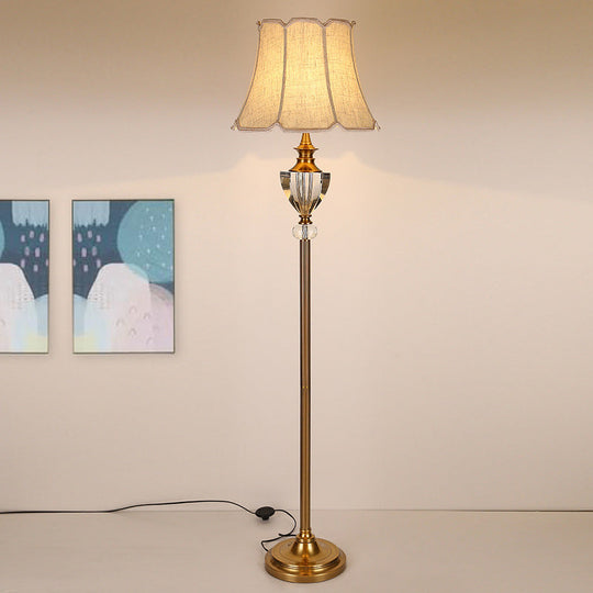 Beige Crystal Bowl Floor Lamp: Countryside Stand Up Light with Bell Fabric Shade