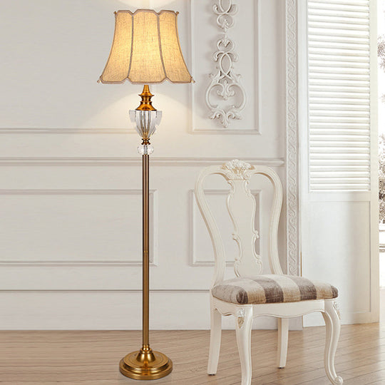 Beige Crystal Bowl Floor Lamp: Countryside Stand Up Light with Bell Fabric Shade