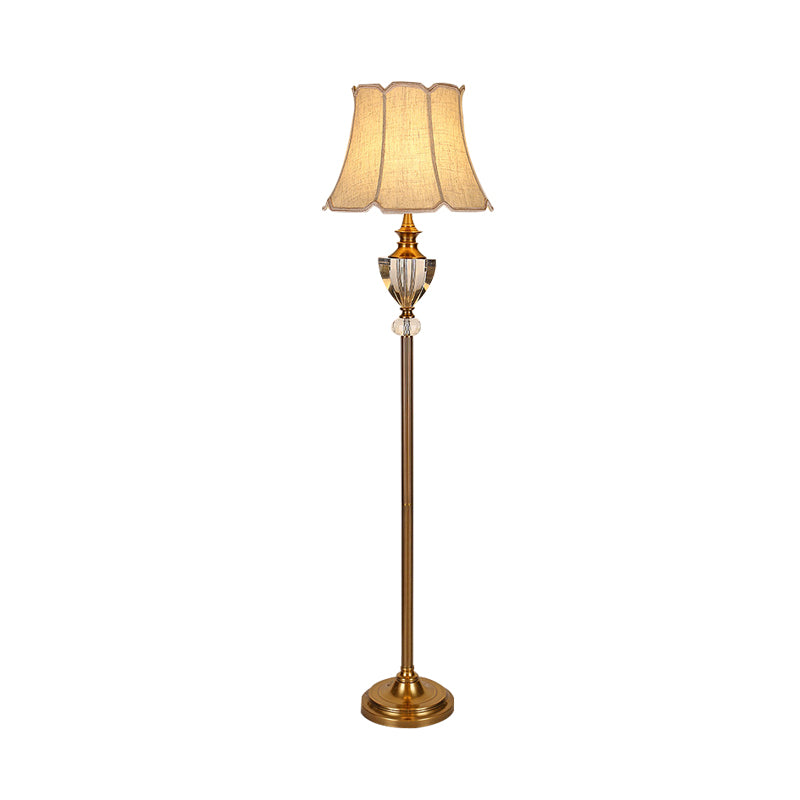 Beige Crystal Bowl Floor Lamp: Countryside Stand Up Light with Bell Fabric Shade