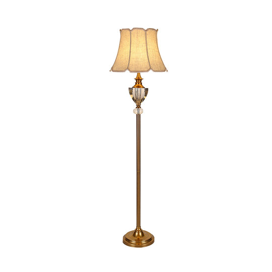 Beige Crystal Bowl Floor Lamp: Countryside Stand Up Light with Bell Fabric Shade