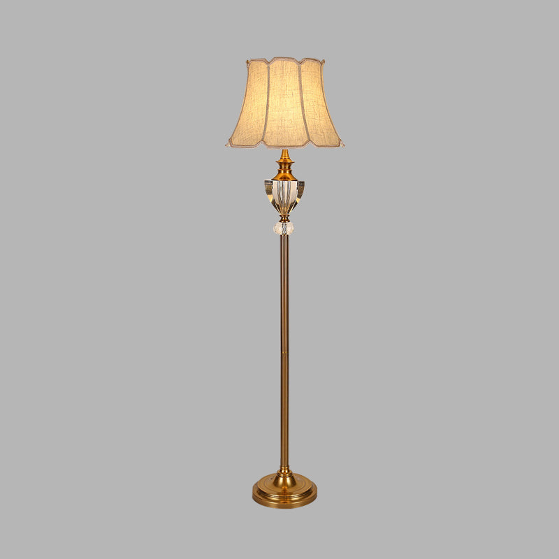 Beige Crystal Bowl Floor Lamp: Countryside Stand Up Light with Bell Fabric Shade