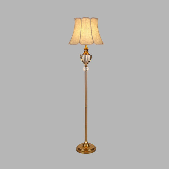Beige Crystal Bowl Floor Lamp: Countryside Stand Up Light with Bell Fabric Shade