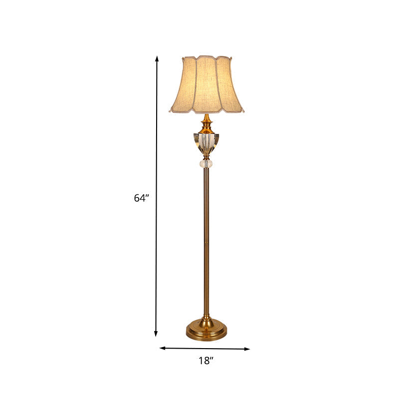 Beige Crystal Bowl Floor Lamp: Countryside Stand Up Light with Bell Fabric Shade
