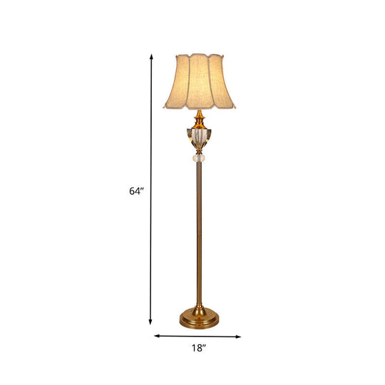 Beige Crystal Bowl Floor Lamp: Countryside Stand Up Light with Bell Fabric Shade