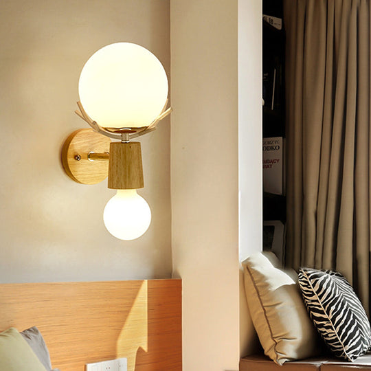 Modernist Wood Sconce with White Glass Shade - 2 Head Bedside Wall Lighting Fixture